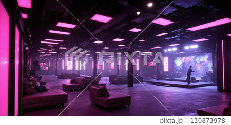 Neon-Industrial Music Lounge with Augmented Reality Concerts - Matte black steel floors, LED neon wall installations, immersive holographic stage projections, 130873978