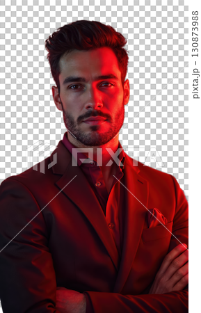 A bold male entrepreneur in dark red, framed by a backdrop of glowing financial charts and customer feedback symbols, symbolizing A bold male entrepreneur in dark red, framed by a backdrop of glowing financial charts and customer feedback symbols, symbolizing 130873988