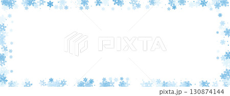 Christmas snowflake ornament frame. Cold frosty border with blue icy crystals. White background inside for new year design, template or decor. Vector illustration. Christmas snowflake ornament frame. Cold frosty border with blue icy crystals. White background inside for new year design, template or decor. Vector illustration. 130874144