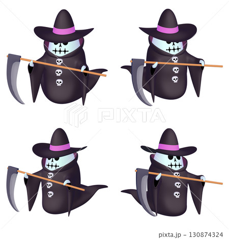 ハロウィンのイラスト素材　大鎌を持った死神（1）　カット四点セット（2） 130874324