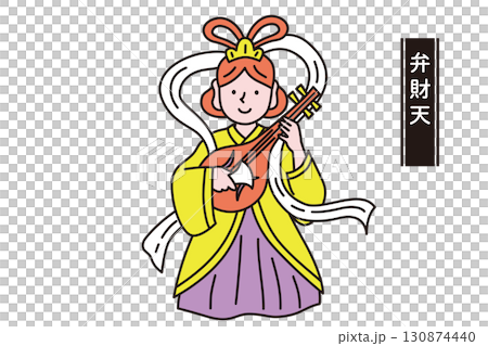 Cute line drawing vector illustration of the Seven Lucky Gods Benzaiten Cute line drawing vector illustration of the Seven Lucky Gods Benzaiten 130874440