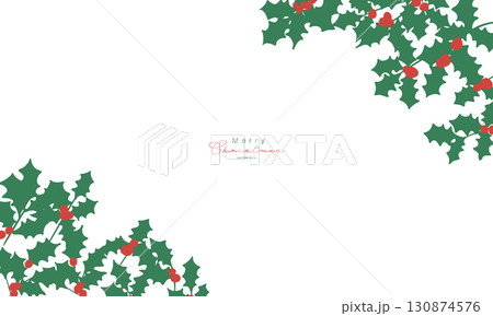 クリスマスリースのイラスト。12月のクリスマス素材。ヒイラギの冬クリスマスフレーム背景。 130874576