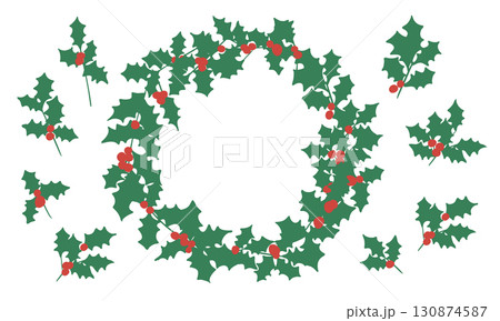 クリスマスリースのイラスト。12月のクリスマス素材。ヒイラギの冬クリスマスフレーム背景。 130874587