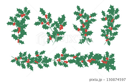 クリスマスリースのイラスト。12月のクリスマス素材。ヒイラギの冬クリスマスフレーム背景。 130874597