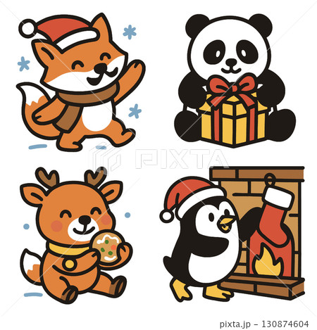 Cute fox, panda, reindeer, and penguin in Christmas theme, joyful winter holiday cartoon style 130874604