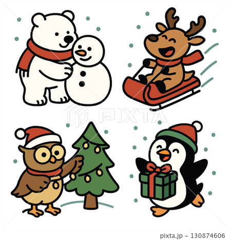 Polar bear snowman reindeer sled owl Christmas tree penguin present festive winter 130874606