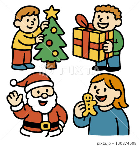 Children decorating Christmas tree, holding gift, Santa Claus waving, girl eating gingerbread Children decorating Christmas tree, holding gift, Santa Claus waving, girl eating gingerbread 130874609