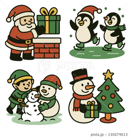 Santa Claus holding gift box near chimney, penguins Santa hats, elf building snowman 130874613
