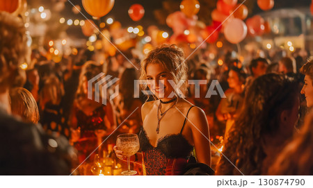 ハロウィンパーティーで輝く女性と賑わう会場 ハロウィンパーティーで輝く女性と賑わう会場 130874790