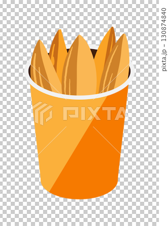 Illustration of thick french fries served in a paper cup Illustration of thick french fries served in a paper cup 130874840