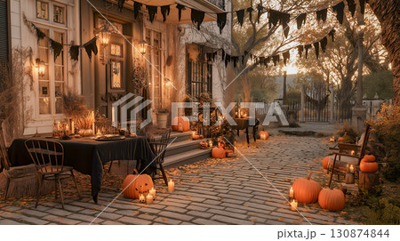 ハロウィン装飾された秋のテラスとパンプキンランタン 130874844