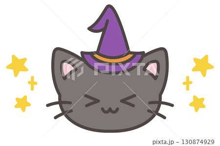 かわいい手描きの黒猫のハロウィン仮装の魔女帽子 130874929