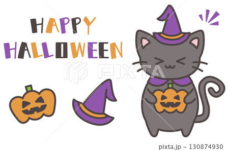ハロウィンのかわいい手描きイラストと黒猫とロゴ 130874930