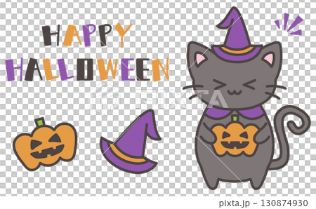 ハロウィンのかわいい手描きイラストと黒猫とロゴ 130874930