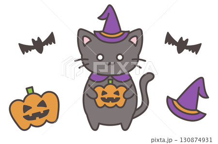 ハロウィンのかわいい手描きイラストと黒猫 130874931