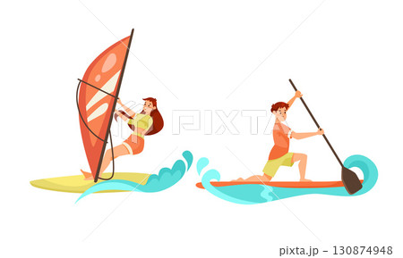 Engage in Thrilling Active Water Sports Enjoying Windsurfing and Paddleboarding Fun 130874948