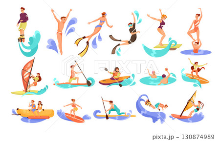 An illustration depicting the exhilarating fun and adventure of various water sports activities 130874989