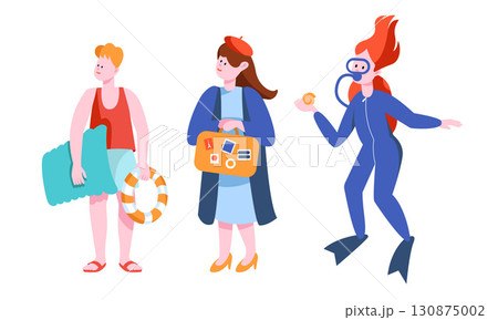 A vibrant scene of diverse beachgoers including a lifeguard, swimmer, and diver in colorful outfits 130875002