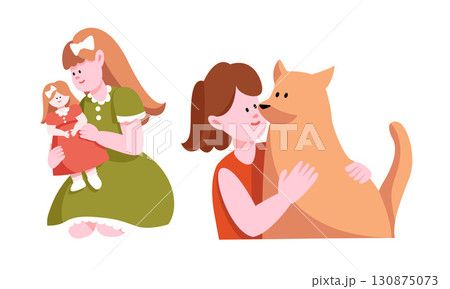 The Affection of Children Delightful Girls with Their Cherished Doll and Playful Dog Companions The Affection of Children Delightful Girls with Their Cherished Doll and Playful Dog Companions 130875073