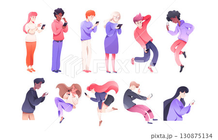 A diverse group of people engaged with their smartphones in a variety of poses and settings A diverse group of people engaged with their smartphones in a variety of poses and settings 130875134