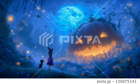 魔女と黒猫が見上げる巨大パンプキンの幻想的ハロウィンナイト 魔女と黒猫が見上げる巨大パンプキンの幻想的ハロウィンナイト 130875141