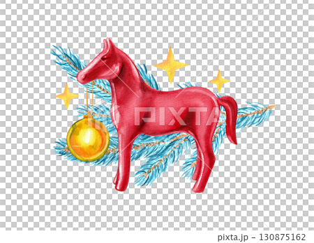 Red glossy horse figurine on blue spruce branch background. Isolated on white background hand drawn watercolor illustration for year of horse design. Red glossy horse figurine on blue spruce branch background. Isolated on white background hand drawn watercolor illustration for year of horse design. 130875162