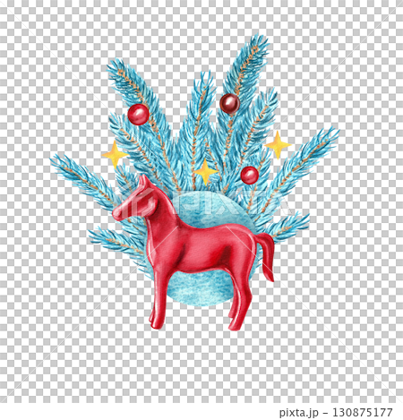 New Year composition of blue spruce branches with a red horse figurine. Isolated on white background hand-drawn watercolor illustration for the Year of the Horse design. 130875177