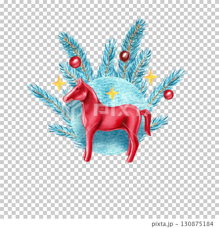New Year composition of blue spruce branches with a red horse figurine. Isolated on white background hand-drawn watercolor illustration for the Year of the Horse design. 130875184