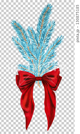 Bouquet of blue spruce branches with a red bow. Isolated on white background watercolor illustration for New Year and Christmas design 130875185