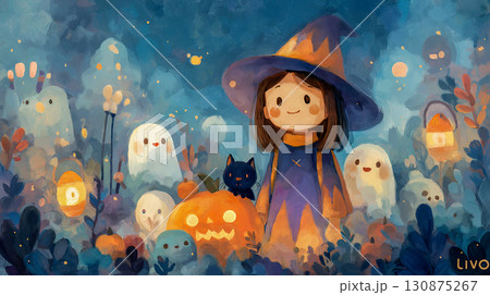 かわいい魔女とおばけたちのほのぼのハロウィンイラスト 130875267