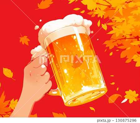 ビールと紅葉した葉の背景イラスト　AI画像 130875296