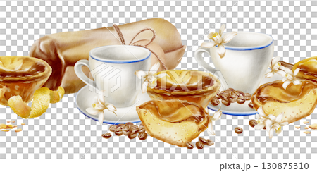 Seamless border Portuguese traditional breakfast:сup,coffee beans with halved and whole pasteis de nata tart with creamy custard,lemon flowers.Watercolor illustration pastel de nata in realistic style Seamless border Portuguese traditional breakfast:сup,coffee beans with halved and whole pasteis de nata tart with creamy custard,lemon flowers.Watercolor illustration pastel de nata in realistic style 130875310
