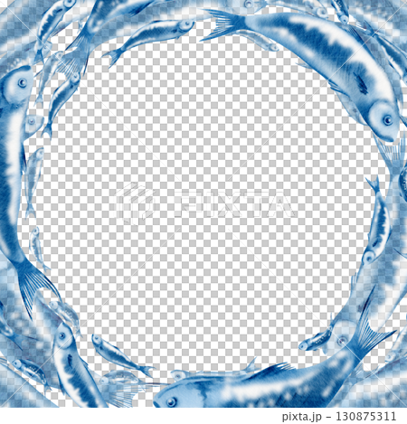 Sardine fish in a square round frame swimming in a shoal stylized watercolor illustration on a transparent background for fish restaurants, websites, posters, fish markets and stores Sardine fish in a square round frame swimming in a shoal stylized watercolor illustration on a transparent background for fish restaurants, websites, posters, fish markets and stores 130875311