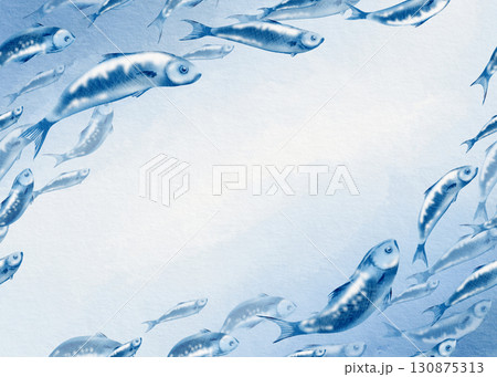 Sardine fish in seamless diagonal border swimming in a shoal stylized watercolor illustration for fish restaurants, websites, posters, fish markets and stores 130875313
