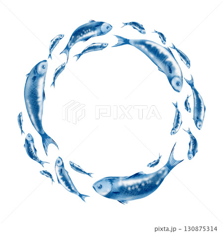 Sardine fish in a round wreath swimming in a shoal stylized watercolor illustration on a transparent background for fish restaurants, websites, posters, fish markets and stores Sardine fish in a round wreath swimming in a shoal stylized watercolor illustration on a transparent background for fish restaurants, websites, posters, fish markets and stores 130875314