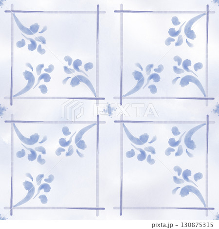 Seamless pattern of grout.Seams of ceramic tile in blue color,imitation ceramic tile.Grid step for background.Watercolor square with hand-drawn stitch marks.Loose textured lines,subtle imperfections 130875315