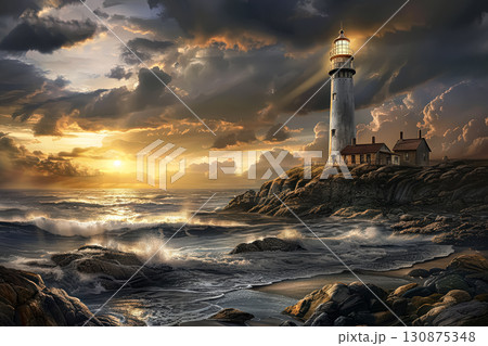 Lighthouse is on a rocky shoreline with a cloudy sky in the background. 130875348