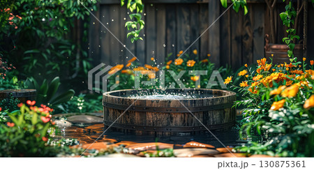 Small pond with a stone wall surrounding it. Small pond with a stone wall surrounding it. 130875361