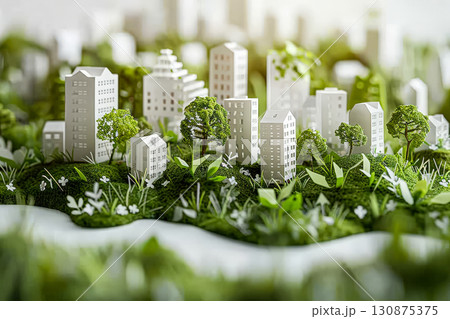 Model of a city with a hill and trees. 130875375