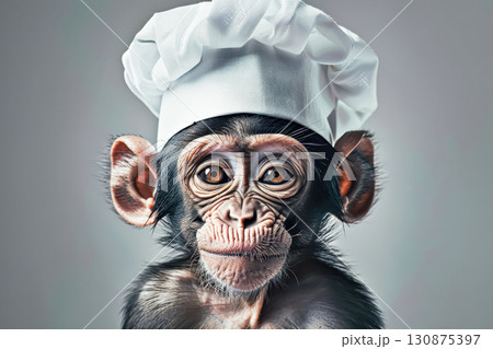 Baby monkey wearing a chef's hat 130875397