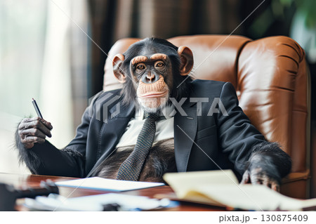 Monkey is sitting at a desk with a laptop and a cup of coffee. Monkey is sitting at a desk with a laptop and a cup of coffee. 130875409