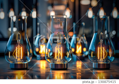 Three glass vases with light bulbs inside of them 130875415