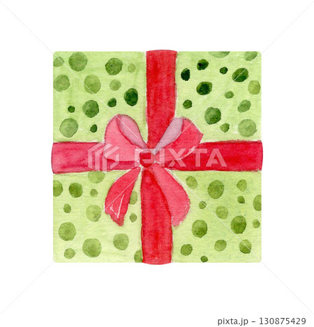 Green gift box with polka dots, tied with a red ribbon and bow. Watercolor illustration isolated on white. Perfect for Christmas, New Year, birthday, celebration, and festive decoration projects Green gift box with polka dots, tied with a red ribbon and bow. Watercolor illustration isolated on white. Perfect for Christmas, New Year, birthday, celebration, and festive decoration projects 130875429
