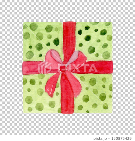 Green gift box with polka dots, tied with a red ribbon and bow. Watercolor illustration isolated on white. Perfect for Christmas, New Year, birthday, celebration, and festive decoration projects Green gift box with polka dots, tied with a red ribbon and bow. Watercolor illustration isolated on white. Perfect for Christmas, New Year, birthday, celebration, and festive decoration projects 130875429
