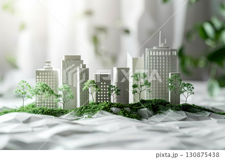 Model of a city with a hill and trees. Model of a city with a hill and trees. 130875438
