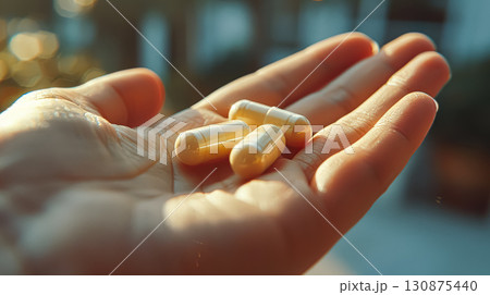 Three white pills are held in a hand. Three white pills are held in a hand. 130875440