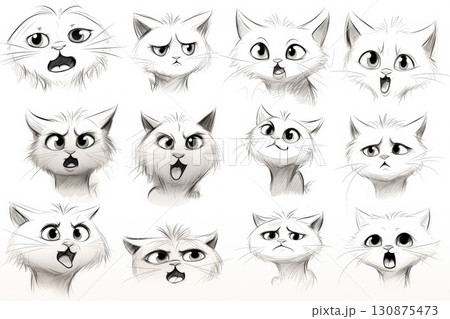 Series of black and white cat drawings with varying expressions. 130875473