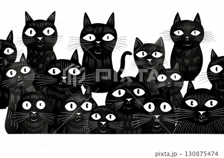 Black and white drawing of cats with their eyes open. 130875474