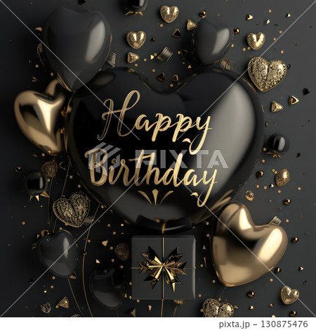 Black heart with gold letters that say Happy Birthday 130875476