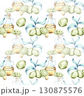 Olives and olive oil seamless pattern background wallpaper inspired by Italian cuisine and nature featuring vibrant watercolor illustrations of olives olive branches and bottles of oil showcasing the 130875576